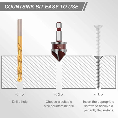 Versatile 82 Degree HSS Countersink Drill Bit Set For Wood Metal And Plastic With One Quarter Inch To Three Quarters Inch Hex Shank Five Piece Set For Fine Finishing And Precise Countersinking Every Time For Pros And DIYers instructional steps