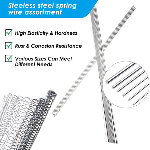 Stainless steel spring wire assortment: straight wires and coil springs in silver, 40 pieces