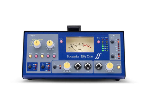Front view of Heritage Microphone Preamplifier With Independent DI Variable Impedance Selector featuring blue casing and VU meter.