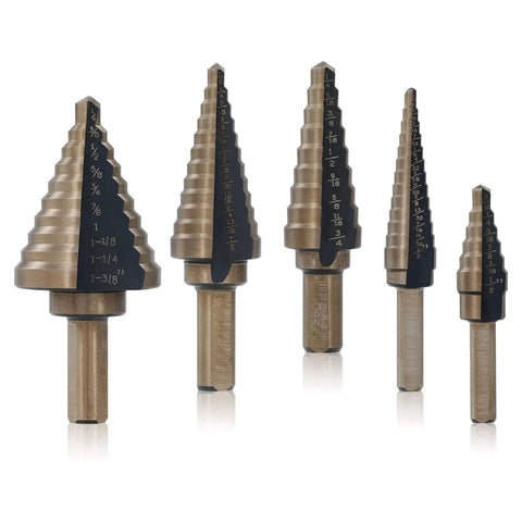 Titanium Coated HSS Step Drill Bit Set With 50 Sizes In 5 Unibits, ideal for DIYers and Pros, shown with varying bit sizes for sheet metal.