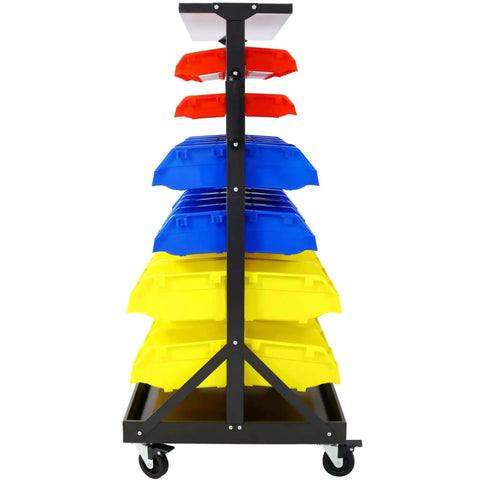 Front view of 6-Tier Dual-Sided Rolling Bin Rack with heavy duty steel construction and casters for mobile storage