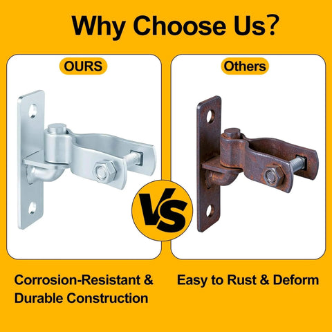 Comparison of 2 Pack Heavy Duty Wall Mount Gate Hinges With Screws Rustproof Galvanized Steel and a rusty hinge.