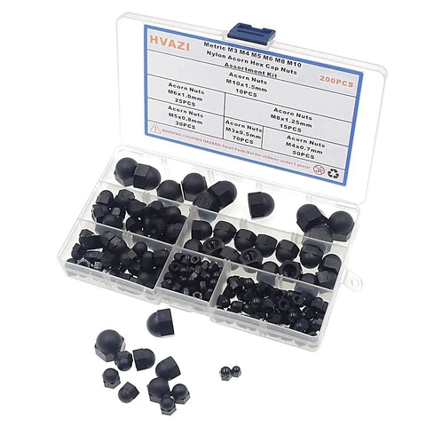 Nylon Acorn Hex Cap Nuts Assortment Kit In Metric Sizes M3 M4 M5 M6 M8 M10 Black Finish with Storage Box and Loose Nuts Displayed