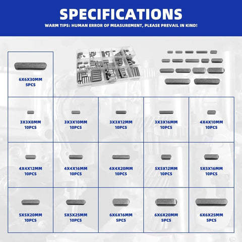 Keyway Key Stock Assortment Kit With 140 Round End Keys And 80 Woodruff Half Moon Keys Plus 2 Tweezers 220 Pieces For Gearheads In The Mechanical Industry Square Parallel Drive Shaft Keys And Shaft Feather Keys In 3mm 4mm 5mm 6mm Sizes with specifications chart
