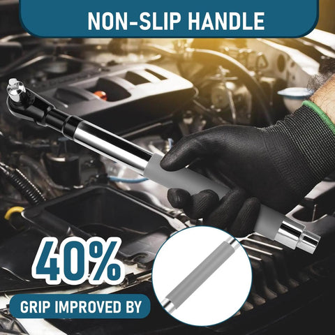 One Half Inch Offset Impact Wrench Extension Kit For Tight Spaces held by gloved hand in automotive setting