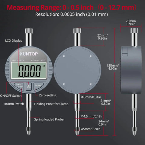 Digital Bore Gauge Set 2-6 Inch Range 50-160mm With LCD Display, front and side view with measurements detailed.