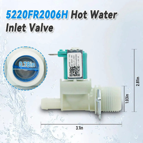 Front view of a washer hot-water inlet valve with white body and teal solenoid, 3.1in long