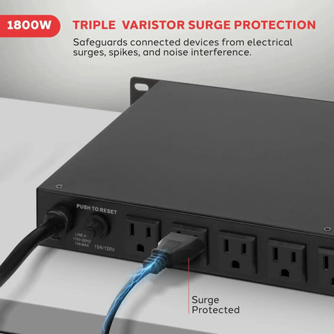 Rack Mount Power Conditioner With 1800W Capacity, 8 Outlets, 19 Inch Enclosure, Surge Protection And Noise Suppression For Studio Gear, Heavy Duty Pro Audio Power Strip For AV Setups, Rear Panel Circuit Breaker