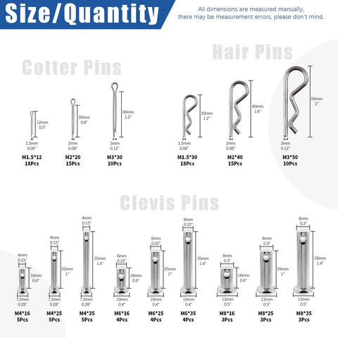 122-Piece Pin Fastener Set With 4 Styles Clevis Pins, Cotter Pins, Dowel Pins, And Hair Pins For Gearheads, 15 Sizes In 304 Stainless Steel
