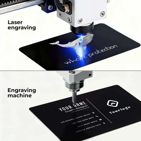 Thick 0.42mm Aluminum Business Card Blanks For Laser Engraving, showing engraving process on matte black metal cards.