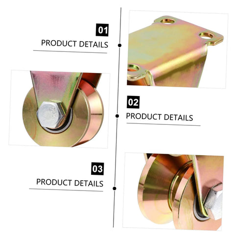 Two Pack Beefy Heavy Duty Steel Pulley Block Swivel Wheel Set For Sliding Doors Track Systems Barn Gates And Garage Applications V Shaped Groove Wheel Replacement Part, close-up view.