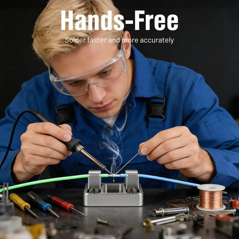 Person using Aluminum Soldering Clamp With Ceramic Jaw Adjustable Welding Fixture for precise soldering on a circuit board