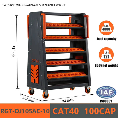 40 Taper CNC Tool Cart With Five Tier Rolling Stand And Wheels Mobile Tool Holder For CNC Lathes, black and orange design.