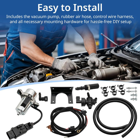 Amazon 12V brake booster vacuum pump kit with wiring harness, hoses, mounting hardware and clamps