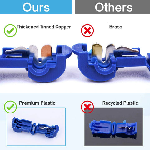 Blue plastic T-tap wire connectors with metal tinned copper terminals; 120-piece set with storage case
