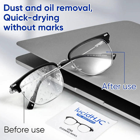 Moistened Lens Wipes 200 Count For Eyeglasses Cameras Phones Screens Laptops shown cleaning glasses