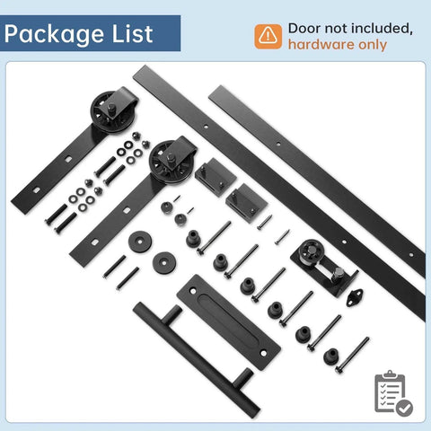 Components of 8 Foot Sliding Barn Door Hardware Track Kit With Black Wall Mount And Handle Big Industrial Spoke Wheel Pulley