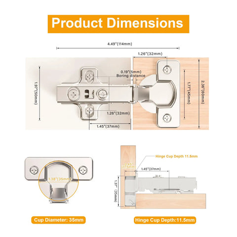 Diagram of 2 Pack Frameless Full Overlay Soft Close Cabinet Hinges With 35mm Cup Adjustable Clip On Plate Nickel Finish Hidden European Hinges