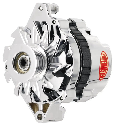 GM TPI Chrome 100 Amp Small Case Delco Alternator With Gold Posts in polished chrome finish, front view