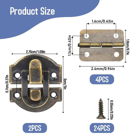 Retro Bronze Box Hinges And Latch Kit With Screws For Jewelry Boxes And Small Cabinets showing sizes and quantities of latches, hinges, and screws.