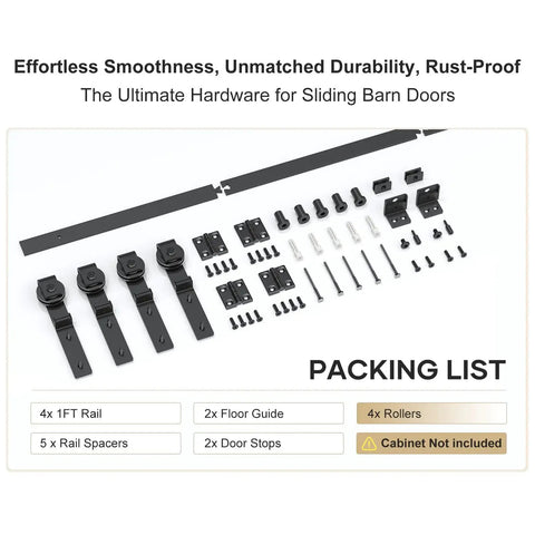 4 Ft Cabinet Bi-Folding Sliding Barn Door Hardware Track Kit For 4 Doors, Easy Install, Smooth Quiet Operation shown unpacked