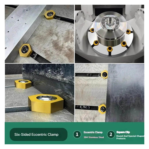 Hex Cam Workholding Clamp Set Of Six Stainless Steel Eccentric Fixtures With Nuts for milling and drilling applications shown installed.