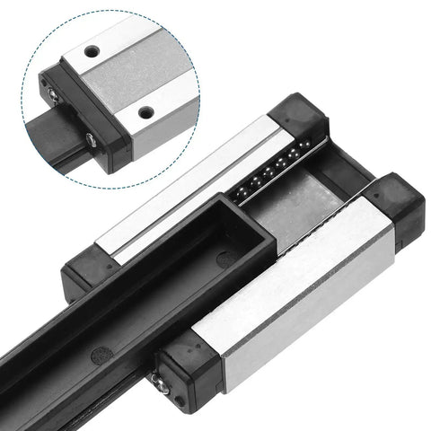 Close-up of 2x 300mm Linear Guide Rails with 2x MGN12H Carriage Blocks and 2x Mini MGN12 Guides for DIY 3D Printers and CNC Machines