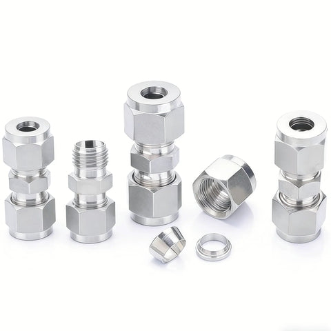 Closmos 304 stainless steel compression tube fitting union with double ferrules, 1/8 in. OD x 1/8 in. OD, pack of 2