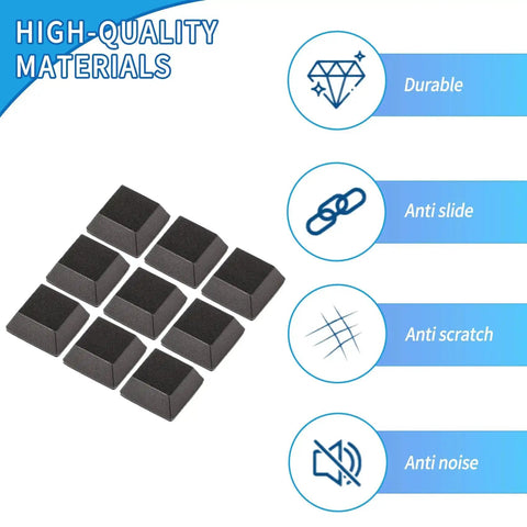 Close-up of 32 Piece Self Adhesive Rubber Feet For Electronics, highlighting durability, anti-slide, anti-scratch, and anti-noise features.