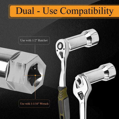 Dual-use compatibility of 16 Piece Thread Repair Kit Metric & UNF M16 M20 with 1/2" ratchet and 1-1/16" wrench shown