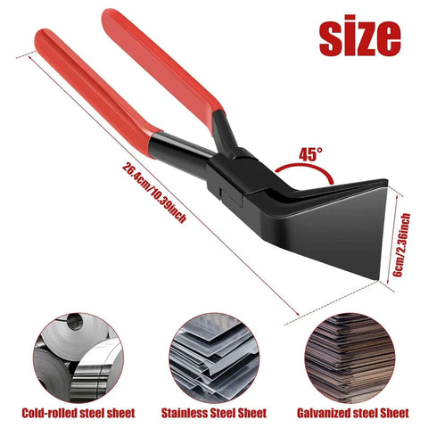 45-degree plier from Pro Grade Three Piece Hand Seamer Set for sheet metal bending, featuring red handles with size diagram.