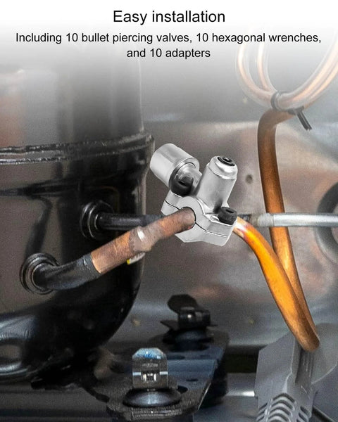 BPV-31 bullet piercing refrigerator line tap valve on copper pipe, metal silver