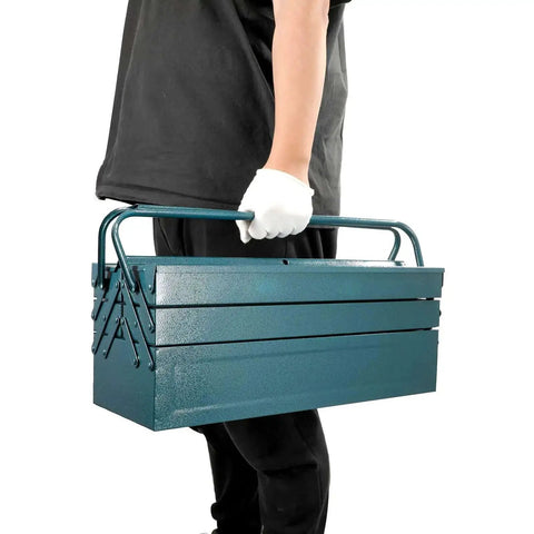 Person carrying 17 Inch Cantilever Tool Box With 5 Trays Portable Metal Organizer For Tools