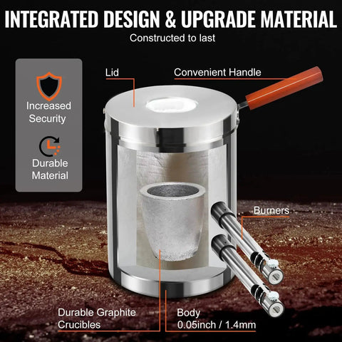 Large Capacity Propane Melting Furnace Kit For Foundry And Blacksmithing With Two In One Melting And Forging Function 12Kg Smelting Forge With Crucible And Tongs Stainless Steel Smelter For Metal Scrap Recycle Gold Copper Silver Casting VEVOR showing integrated design, lid, convenient handle, and dual burners