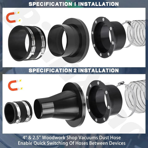 Magnetic Dust Collection Fittings Kit For 4 Inch And Two And A Half Inch Hoses With Mag Port Connector And Couplers installation
