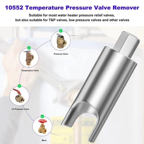 Close-up of Universal RV Water Heater Pressure Relief Valve Remover for Temperature and TPR Valves, showing 7/8 inch wrench compatibility.
