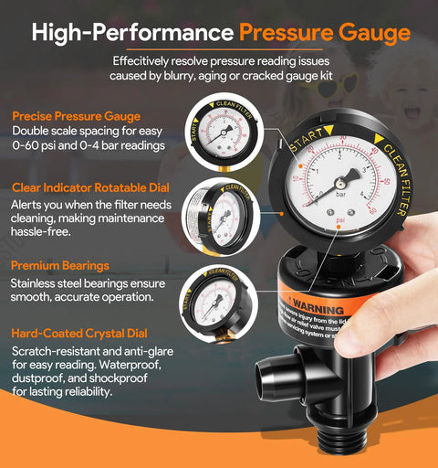 Top-mount high-flow air relief valve with pressure gauge for pool filters; black body and white dial gauge