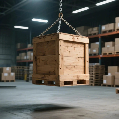 Wooden crate suspended in a warehouse setting using a chain hoist.