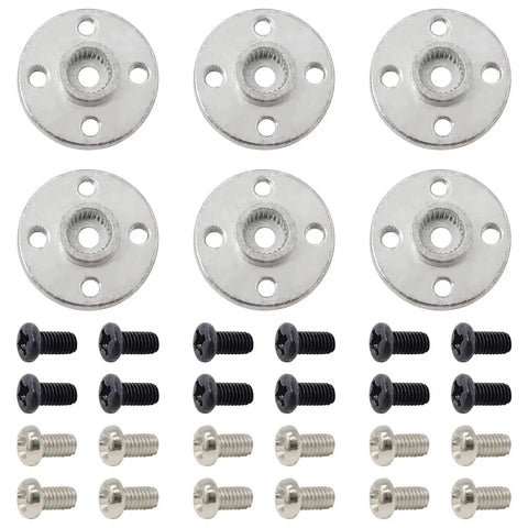 Front view: six silver aluminum 25T servo horn discs with screws for standard RC servos
