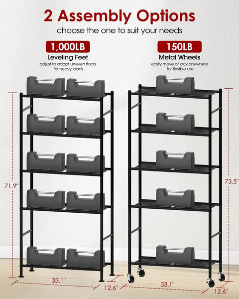 Comparison of two 5-Tier Wire Shelving Units, one with leveling feet and one with wheels, for heavy-duty garage storage.