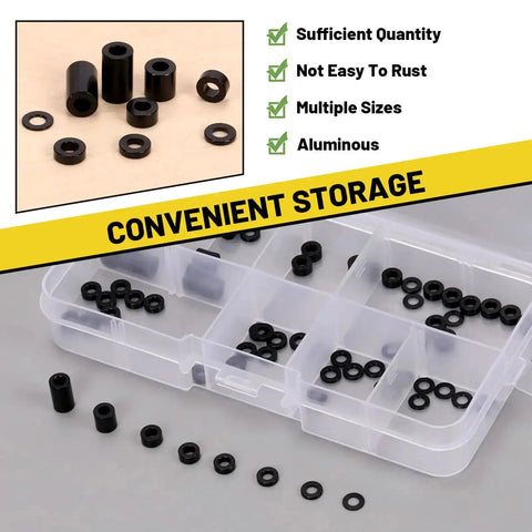 65 Piece Round Black Aluminum Spacers Kit With 8 Sizes Inner Diameter 3.1 mm Outer Diameter 6 mm Standoff Column in storage box