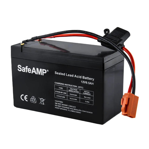 Red 2 Pin Wire Harness Connector For 12V Ride On Toys attached to SafeAMP battery
