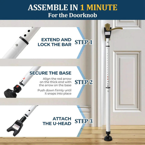 Three In One Door Security Bar With Heavy Duty Metal, Adjustable From Sixteen To Forty One Point Seven Inches, Sliding Patio Door Lock Stick With Two Point Eight Inch Non Slip Base, Portable Home, Apartment And Travel Safety Lock For Doors And Windows, shown with installation steps next to a door.