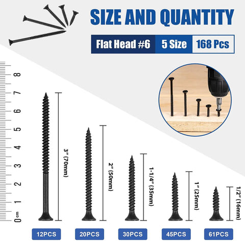168 Piece Wood Screws Set For Wood And Drywall With Five Sizes From Six By One Half Inch To Six By Three Inch Black Carbon Steel Self Tapping Phillips Flat Head Screws Built Tough For DIYers And Pros diagram