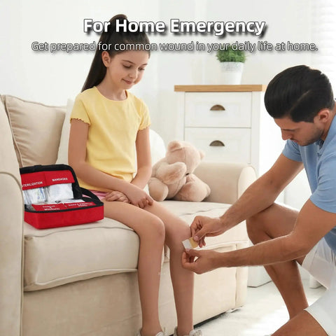 Father using 330 Piece First Aid Kit Premium Waterproof Compact Trauma Medical Kit on daughter at home, open kit on couch