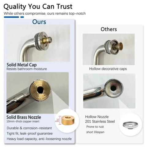 Comparison of glass shower door handle parts, highlighting solid metal caps and solid brass nozzle for durability against hollow parts.