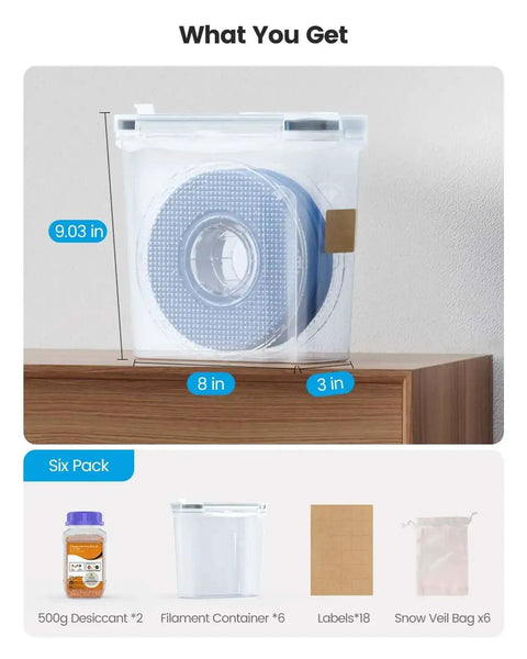 Six Pack Filament Storage Boxes For 3D Printing Sealing And Protection Waterproof Dustproof Four Liter Capacity With Desiccants And Labels