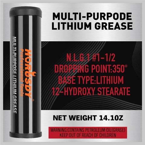 HORUSDY heavy-duty grease gun, black metal body with orange logo, packaging shows multi-purpose lithium grease 14.1 oz