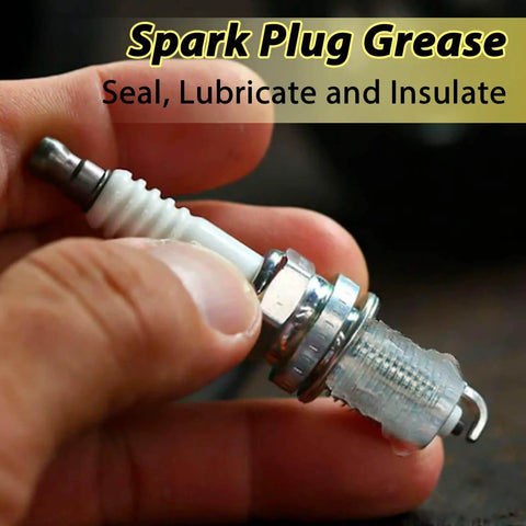 Person holding spark plug with dielectric grease applied, highlighting use for electrical connectors and spark plug boots.