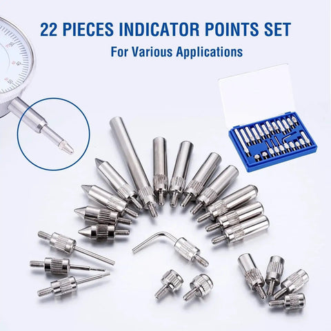 Dial Indicator With Magnetic Base And 22 Piece Indicator Points Set displayed in an open storage case